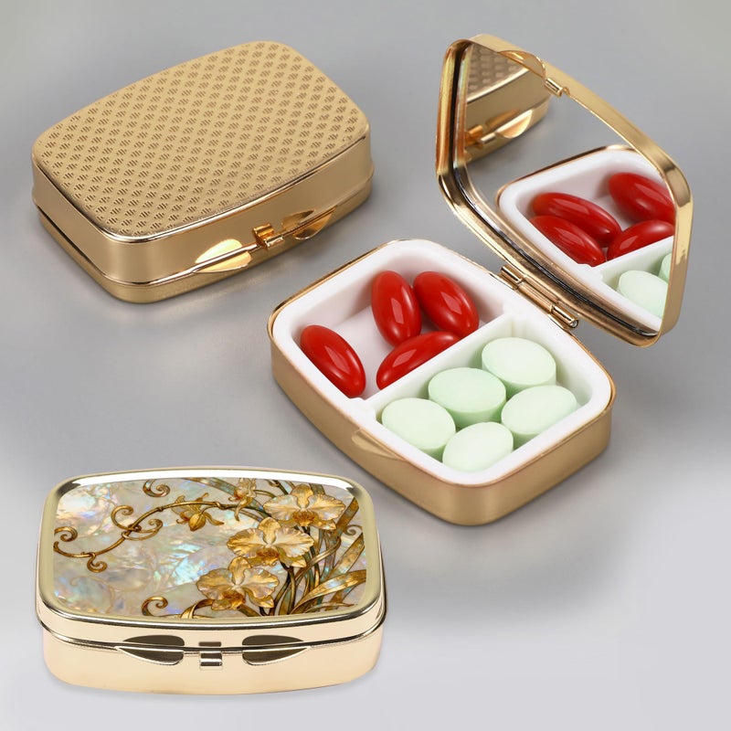 Dynippy Pill Case Pill Box with Mirror Retro Pocket 2 Compartment Medicine Case Vitamin Pill Organizer for Pocket Purse and Travel (Gold- Enamel Copper Flowers) - Image 3