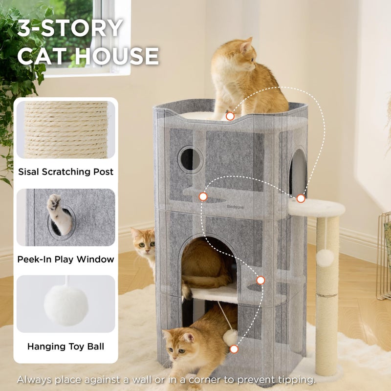 Bedsure 3-Level Indoor Cat Bed- Cat Condos Small Cat Tree for Multiple Kitties to Play Sleep,Hideaway Cave, Fluffy Ball, Scratching Post, 22.5x31.5x13, Grey - Image 2