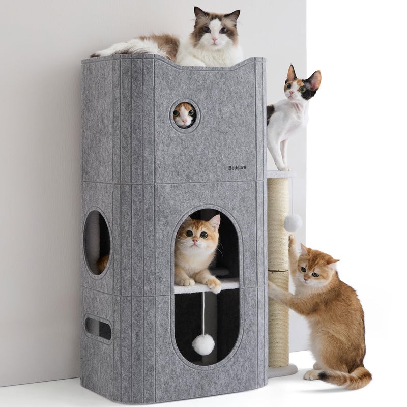 Bedsure 3-Level Indoor Cat Bed- Cat Condos Small Cat Tree for Multiple Kitties to Play Sleep,Hideaway Cave, Fluffy Ball, Scratching Post, 22.5x31.5x13, Grey - Image 1