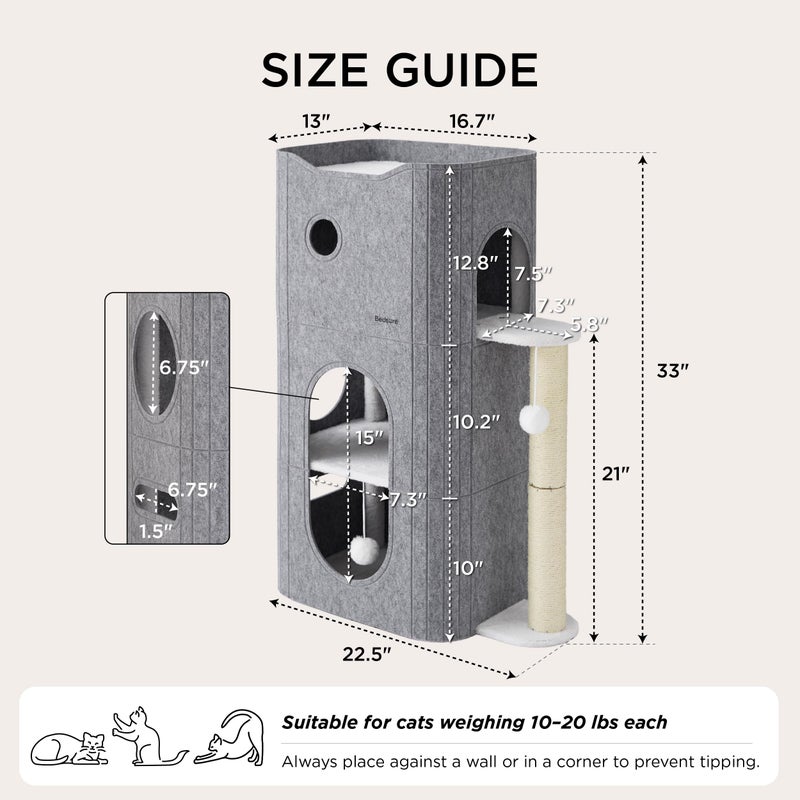 Bedsure 3-Level Indoor Cat Bed- Cat Condos Small Cat Tree for Multiple Kitties to Play Sleep,Hideaway Cave, Fluffy Ball, Scratching Post, 22.5x31.5x13, Grey - Image 5