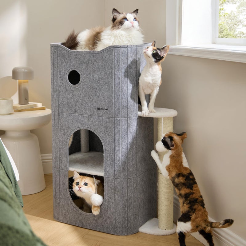 Bedsure 3-Level Indoor Cat Bed- Cat Condos Small Cat Tree for Multiple Kitties to Play Sleep,Hideaway Cave, Fluffy Ball, Scratching Post, 22.5x31.5x13, Grey - Image 4