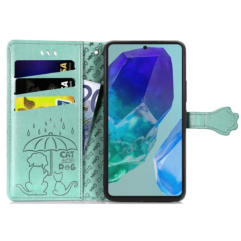 HuHa Protective Cover For Samsung Galaxy A16 Cat and Dog Embossed Leather Phone Case(Green) - Image 3