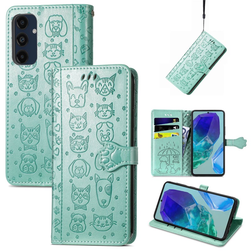 HuHa Protective Cover For Samsung Galaxy A16 Cat and Dog Embossed Leather Phone Case(Green) - Image 1