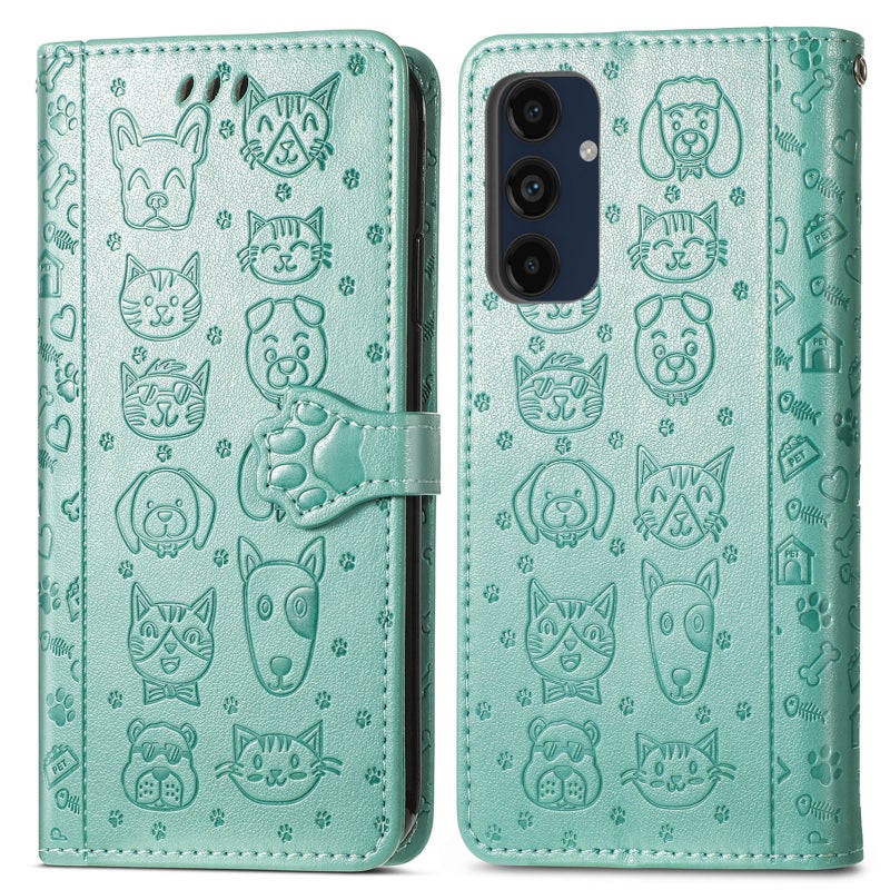 HuHa Protective Cover For Samsung Galaxy A16 Cat and Dog Embossed Leather Phone Case(Green) - Image 2
