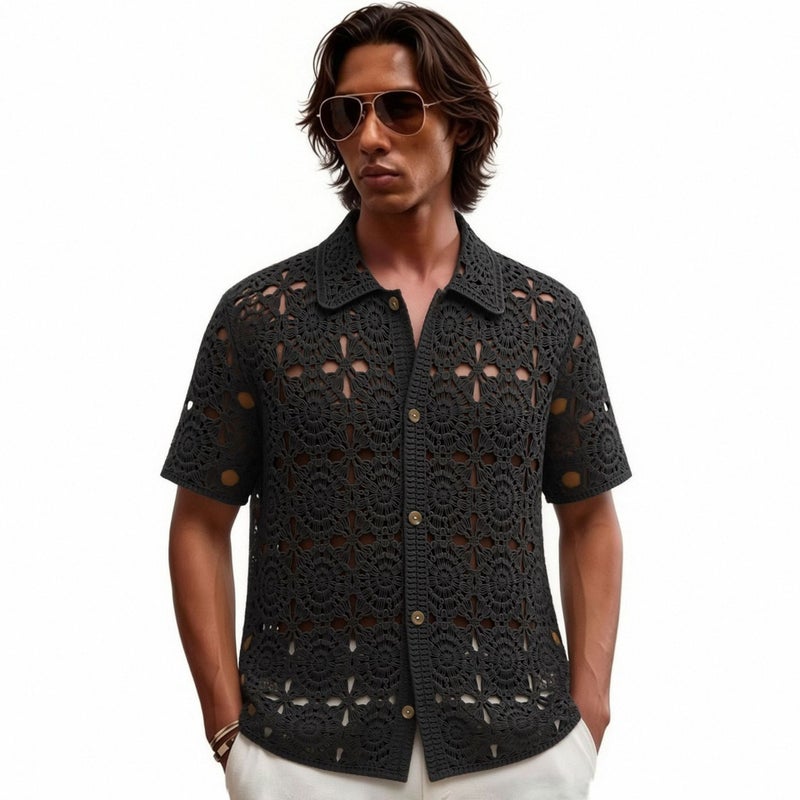 Men's Short Sleeve Knitted Hollow Out Polo Shirt - Image 5