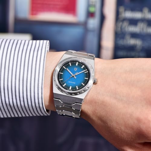 PAGRNE DESIGN ساعات باجاني ديزاين للرجال 37MM رفيعة للغاية ساعات كواتز للرجال، زجاج ياقوتي ساعة معصم من الفولاذ المقاوم للصدأ، 100M مقاومة للماء مضيئة حركة اليابان VJ21 (فضي أزرق) - Image 2