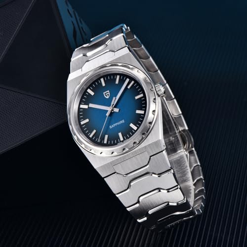 PAGRNE DESIGN ساعات باجاني ديزاين للرجال 37MM رفيعة للغاية ساعات كواتز للرجال، زجاج ياقوتي ساعة معصم من الفولاذ المقاوم للصدأ، 100M مقاومة للماء مضيئة حركة اليابان VJ21 (فضي أزرق) - Image 4