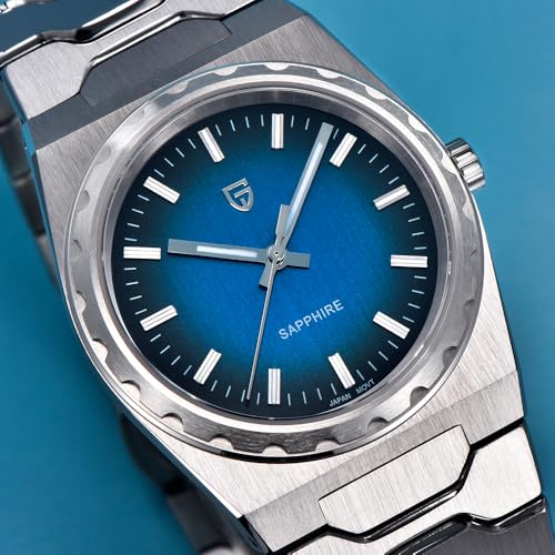 PAGRNE DESIGN ساعات باجاني ديزاين للرجال 37MM رفيعة للغاية ساعات كواتز للرجال، زجاج ياقوتي ساعة معصم من الفولاذ المقاوم للصدأ، 100M مقاومة للماء مضيئة حركة اليابان VJ21 (فضي أزرق) - Image 5