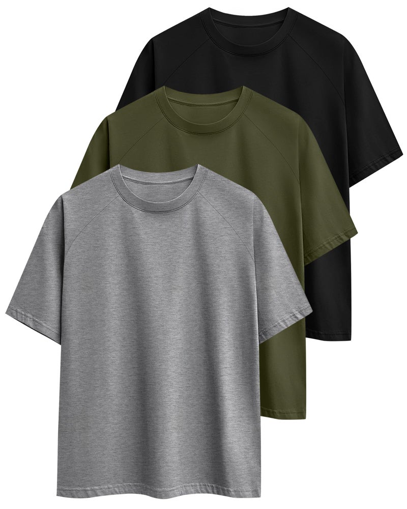 Ficerd 3 Pack Cotton Men's Oversized T Shirts Big and Tall Shirts Raglan Short Sleeve Crew Neck Plus Size Tee(Black, Light Gray, Army Green,Large) - Image 4