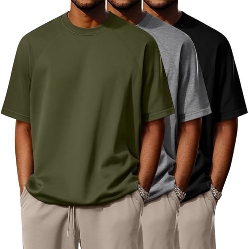 Ficerd 3 Pack Cotton Men's Oversized T Shirts Big and Tall Shirts Raglan Short Sleeve Crew Neck Plus Size Tee(Black, Light Gray, Army Green,Large) - Image 1