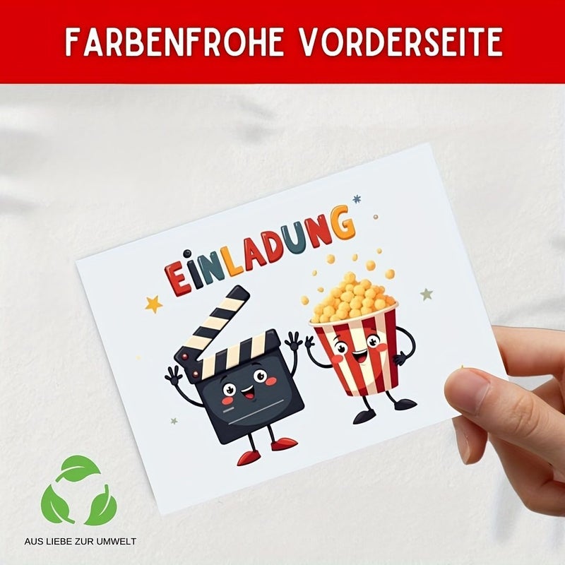 20 بطاقة دعوة عيد ميلاد ألمانية لحفلة سينما، دعوات حفلة مع بوبرز وأغطية أفلام للأولاد والبنات، 20 قطعة. - Image 2