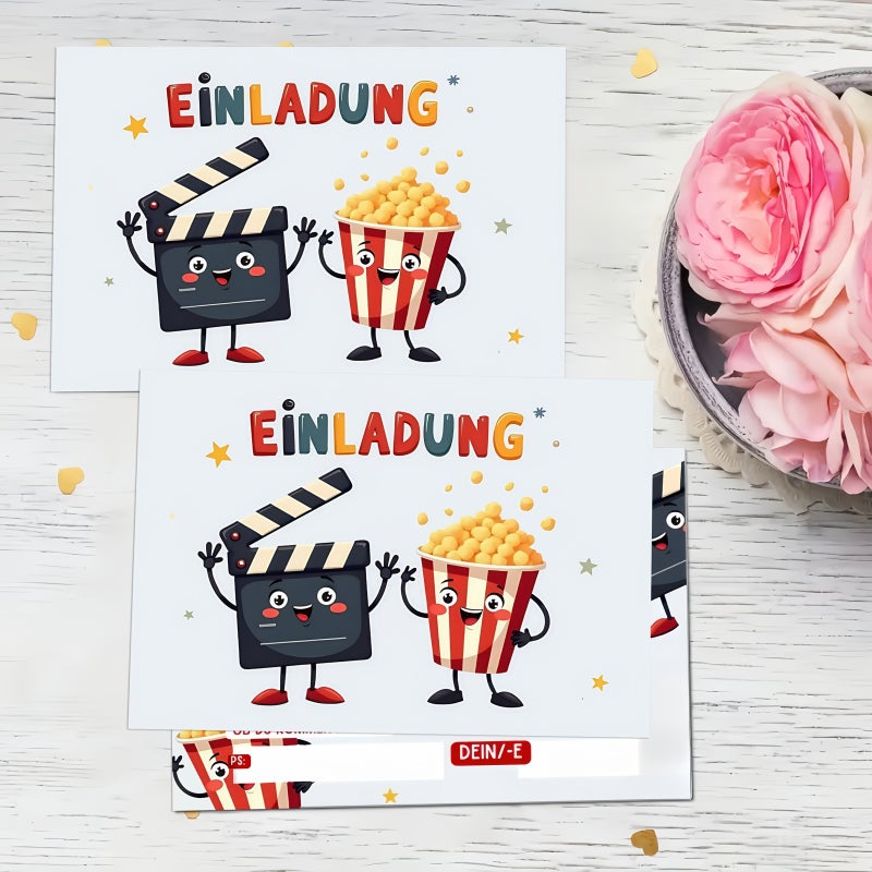 20 بطاقة دعوة عيد ميلاد ألمانية لحفلة سينما، دعوات حفلة مع بوبرز وأغطية أفلام للأولاد والبنات، 20 قطعة. - Image 5