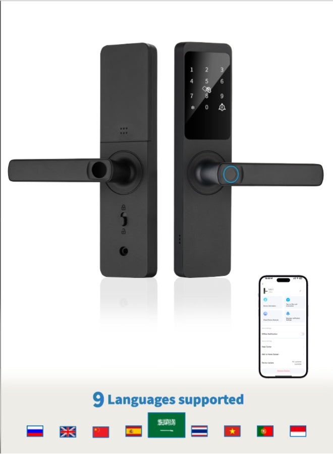 الينك قفل باب ذكي **ALink** مع واي فاي والتحكم عن بعد عبر تطبيق **Tuya** | خمس طرق لفتح القفل (بصمة الإصبع / كلمة المرور / البطاقة / التطبيق / المفتاح) | يدعم اللغة العربية و8 لغات أخرى | يشمل جسم قفل 4585، و5 بطاقات IC، و4 بطاريات AA - Image 1
