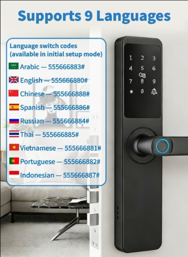 الينك قفل باب ذكي **ALink** مع واي فاي والتحكم عن بعد عبر تطبيق **Tuya** | خمس طرق لفتح القفل (بصمة الإصبع / كلمة المرور / البطاقة / التطبيق / المفتاح) | يدعم اللغة العربية و8 لغات أخرى | يشمل جسم قفل 4585، و5 بطاقات IC، و4 بطاريات AA - Image 3