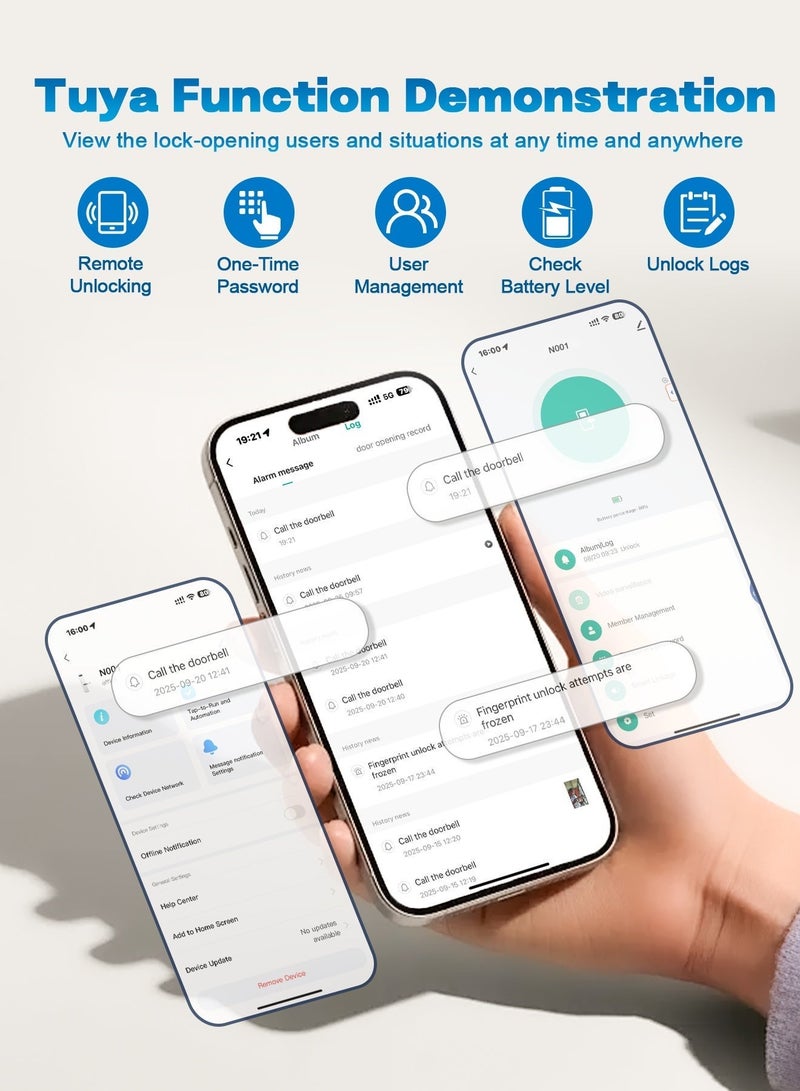 الينك قفل باب ذكي **ALink** مع واي فاي والتحكم عن بعد عبر تطبيق **Tuya** | خمس طرق لفتح القفل (بصمة الإصبع / كلمة المرور / البطاقة / التطبيق / المفتاح) | يدعم اللغة العربية و8 لغات أخرى | يشمل جسم قفل 4585، و5 بطاقات IC، و4 بطاريات AA - Image 4