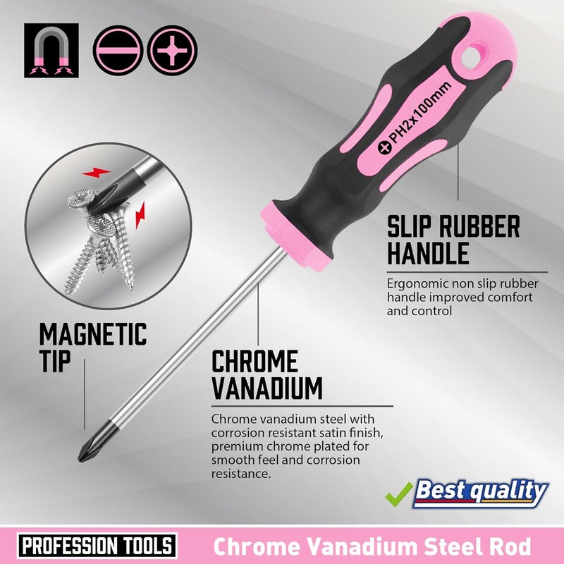 Amartisan 10-Piece Magnetic Screwdrivers Set, 5 Phillips and 5 Slotted Tips Professional Cushion Grip Screwdriver Set 2pcs Portable Multifunction Key Mini Screwdriver (Pink) - Image 2