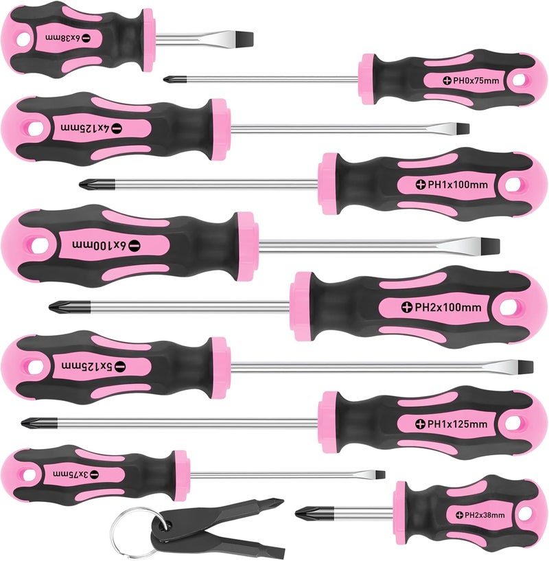 Amartisan 10-Piece Magnetic Screwdrivers Set, 5 Phillips and 5 Slotted Tips Professional Cushion Grip Screwdriver Set 2pcs Portable Multifunction Key Mini Screwdriver (Pink) - Image 1