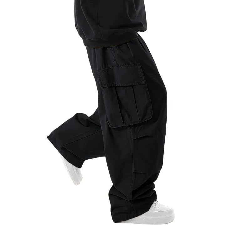 WZIKAI Men's Baggy Cargo Pants Elastic Waist Drawstring Parachute Cargo Pants Casual Loose Fit Joggers Hiking Hip Hop Pants with Pockets Black XL - Image 2
