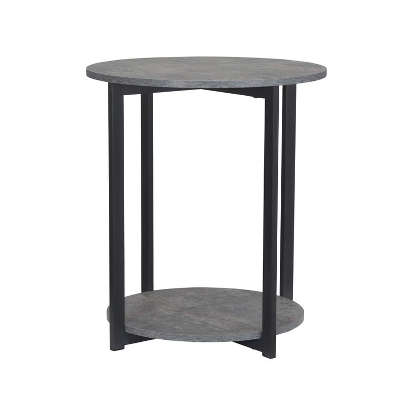 Household Essentials Jamestown Round Side End Table with Storage Shelf Rustic Slate Concrete and Black Metal