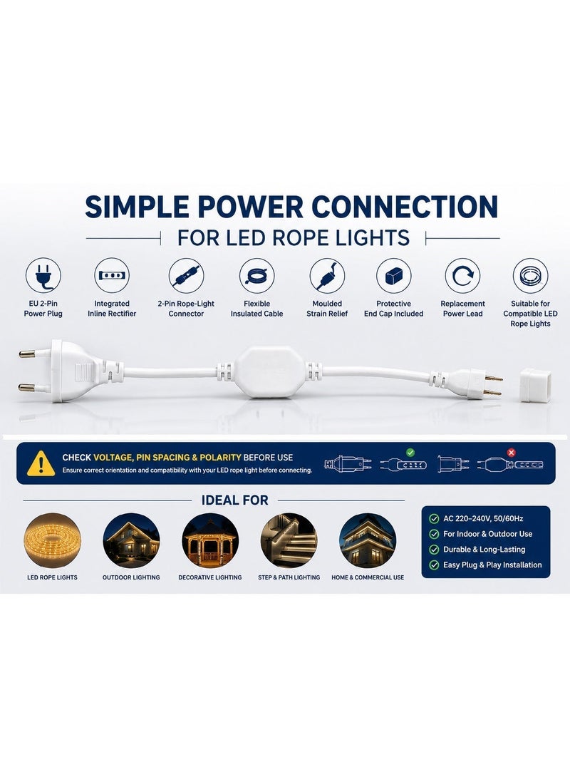 طقم سلكي طاقة (عدد 2) لأشرطة إضاءة LED الأنبوبية (Rope Light)، مزود بقابس أوروبي (EU)، وموصل ثنائي الأطراف، ومقوم تيار مدمج؛ يعمل بجهد 220-240 فولت ومناسب لأشرطة LED، وأشرطة النيون الأنبوبية، والإضاءة الزخرفية. - Image 2