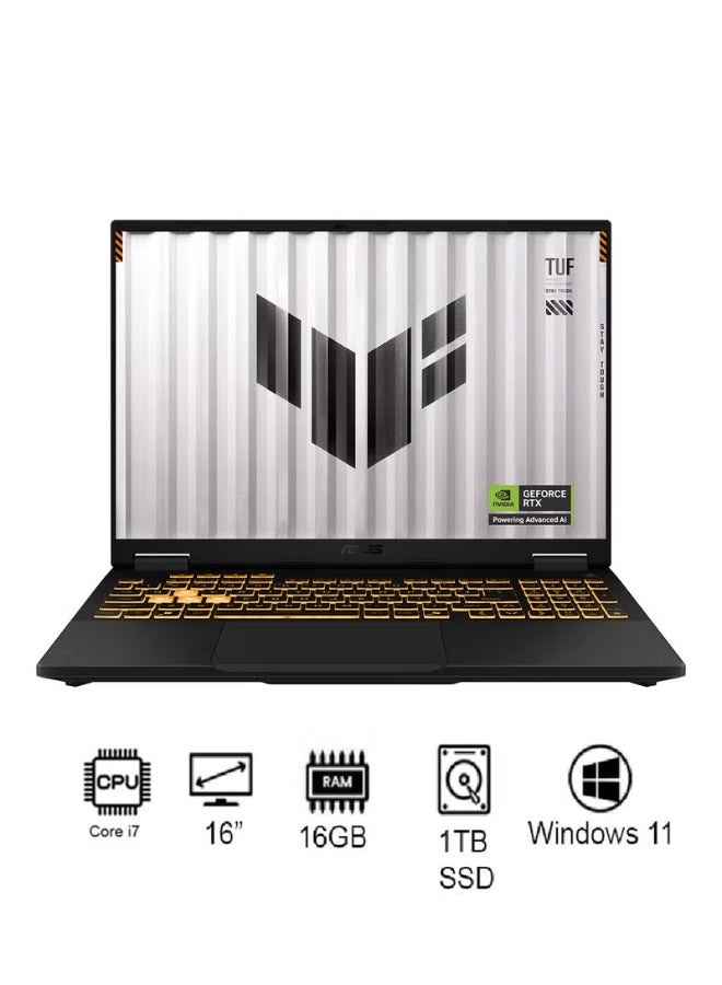أسوس لابتوب الألعاب TUF F16 (2025) بشاشة WUXGA (1920x1200) مقاس 16 بوصة، مع معالج Intel Core i7-14650HX / 16GB RAM DDR5 / 1TB SSD / 8GB NVIDIA GeForce RTX 5060 / Windows 11 Home - Image 1