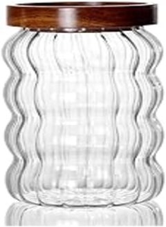 Generic Glass Large Food Storage Container Jar Contains Acacia Wooden Airtight Lid With Wavy Ribbed Design Practical For Kitchen 750 ML - Transparent Brown 