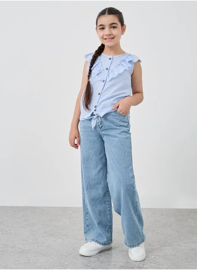 Styli Styli Girls Checked Tie Front Ruffled Shirt