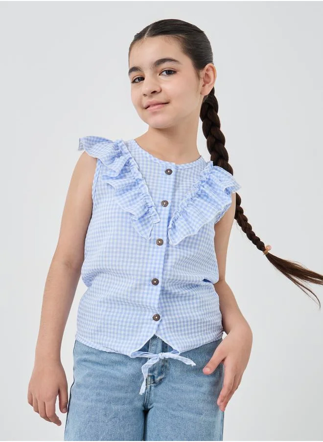 Styli Styli Girls Checked Tie Front Ruffled Shirt