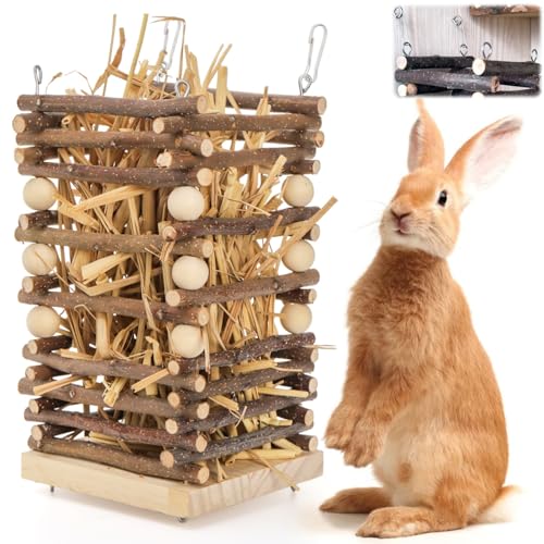 Eorbow Wood Rabbit Hay Feeder, 7" Hanging Grass Holder with 2 Hooks, Small Animals Feeding Hay Manager for Cage, Bunny Hay Feeder Rack for Chinchilla Guinea Pig Hamster Gerbil - Image 1