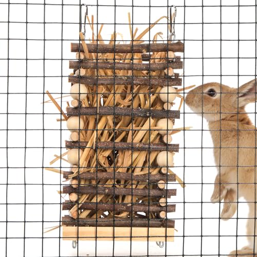 Eorbow Wood Rabbit Hay Feeder, 7" Hanging Grass Holder with 2 Hooks, Small Animals Feeding Hay Manager for Cage, Bunny Hay Feeder Rack for Chinchilla Guinea Pig Hamster Gerbil - Image 3