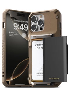 VRS Design Damda Glide Pro iPhone 16 Pro MAX Case Cover Wallet with Semi Automatic Credit Card Holder Slot [4 Cards] - Khaki 