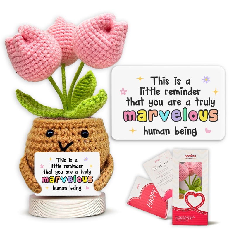 Gossby Handmade Positive Tulip Flower Crochet This is A Little Reminder Inspirational Gift for Women Thank You Appreciation Positive Gift for Teacher Mom Friend Coworker Knitted Decor - Image 2