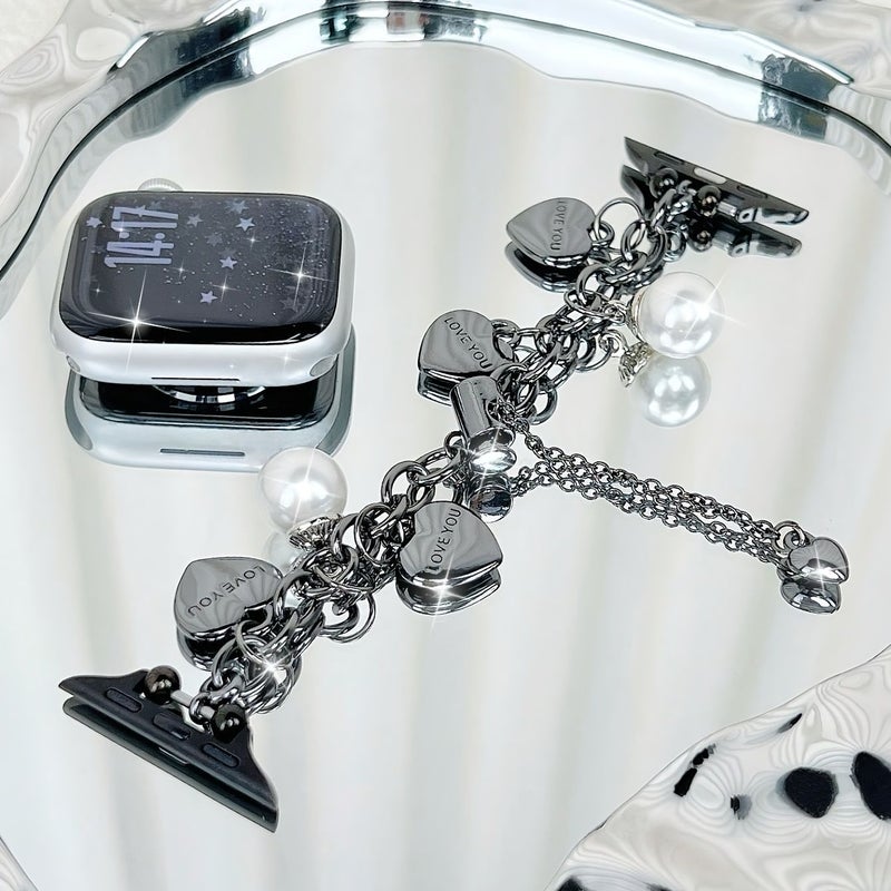 Rose Golden Fashion Apple Watch Strap Stretchy Drawstring Pearl Heart 42mm 44mm 46mm - Image 5