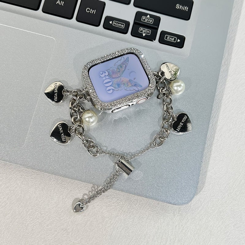 Rose Golden Fashion Apple Watch Strap Stretchy Drawstring Pearl Heart 42mm 44mm 46mm - Image 1