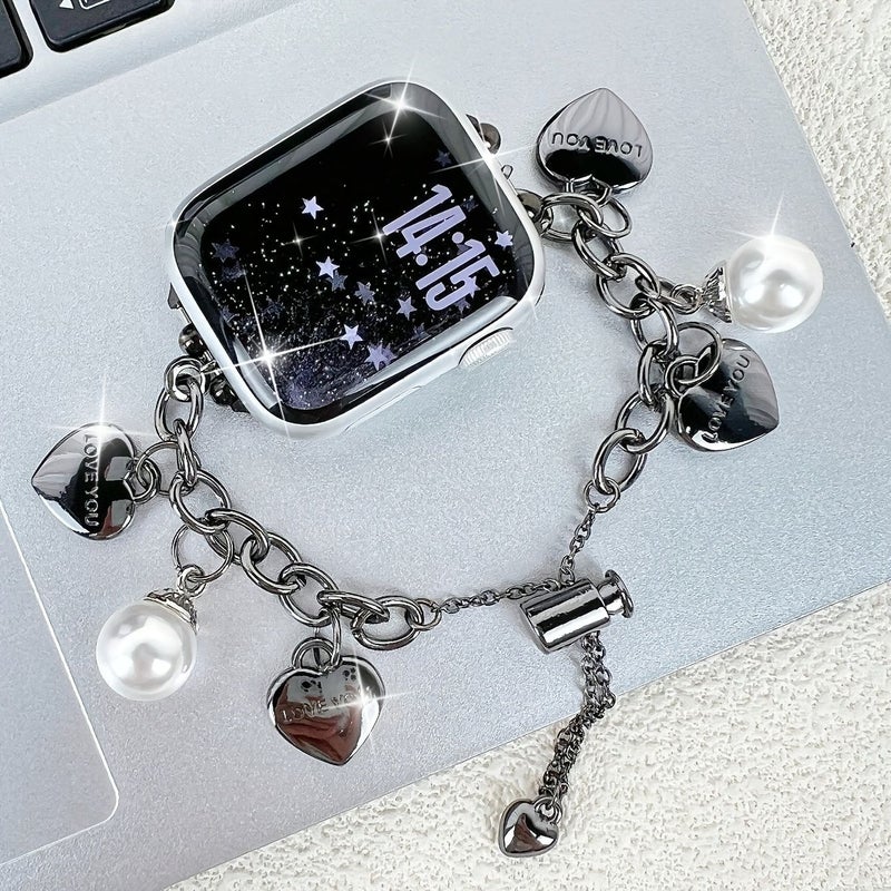 Rose Golden Fashion Apple Watch Strap Stretchy Drawstring Pearl Heart 42mm 44mm 46mm - Image 4
