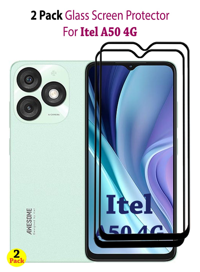 حماية شاشة مزدوجة لجهاز Itel A50 4G | زجاج مقسى متوفر في حزمة كومبو | حماية شاشة بجودة Full HD زجاج مقسى مقاوم للخدش تغطية من الحافة إلى الحافة مع مجموعة تركيب سهلة - أسود - Image 1