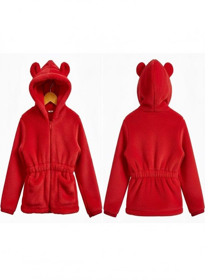 Schsteindar Kids Fleece Hoodie Jacket with Bear Ears,Soft Plush Material, Zip-Up Front, Elastic Waist Design for Baby Boys Girls (in, Age, 1 Year, 2 Years, Regular, RED) - Image 2