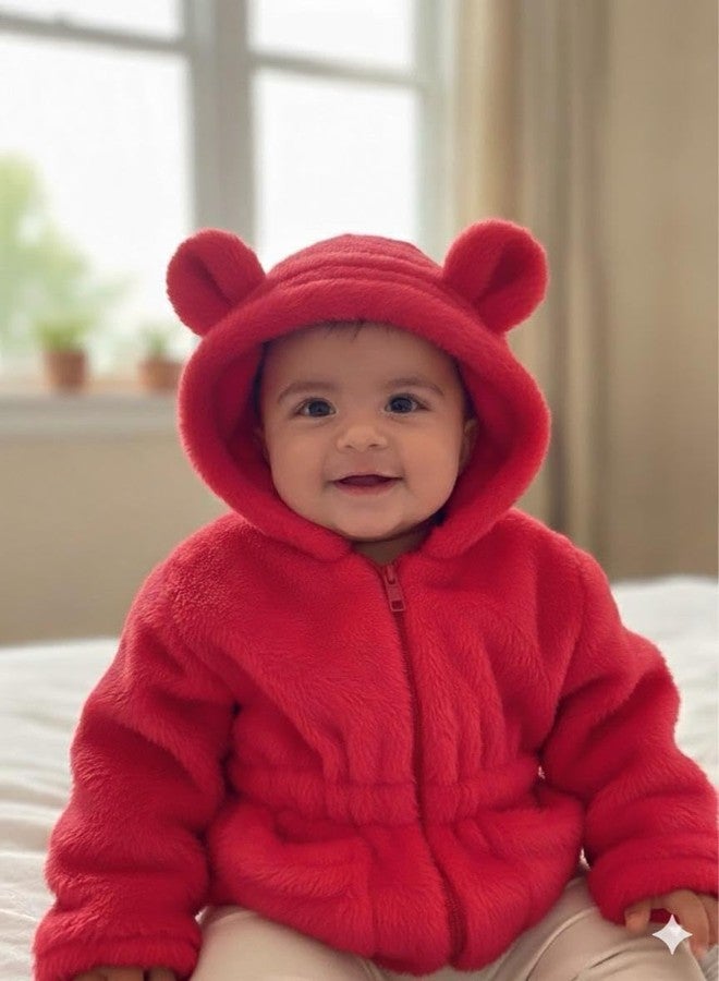 Schsteindar Kids Fleece Hoodie Jacket with Bear Ears,Soft Plush Material, Zip-Up Front, Elastic Waist Design for Baby Boys Girls (in, Age, 1 Year, 2 Years, Regular, RED) - Image 3