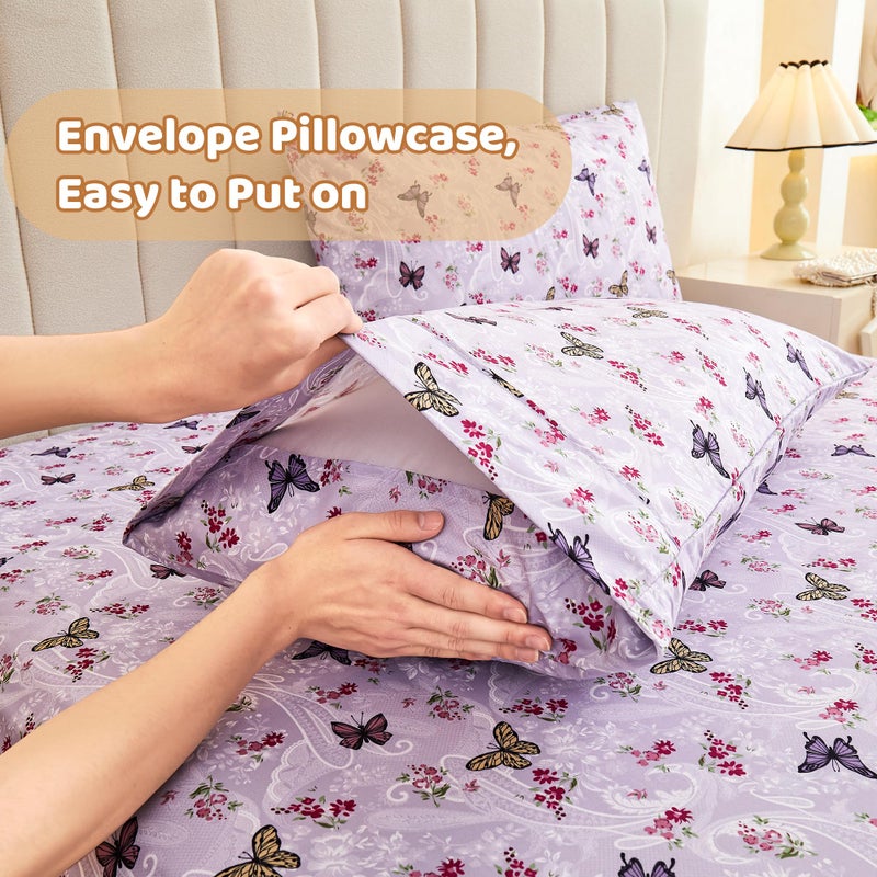 Softan Floral Twin Size Sheet Set, Purple Paisley Flower Printed Sheets for Kids Girls, Brushed Microfiber Fitted Sheet with 15" Deep Pocket & Non-Slip Straps, Butterfly Patterned Sheets - Image 5