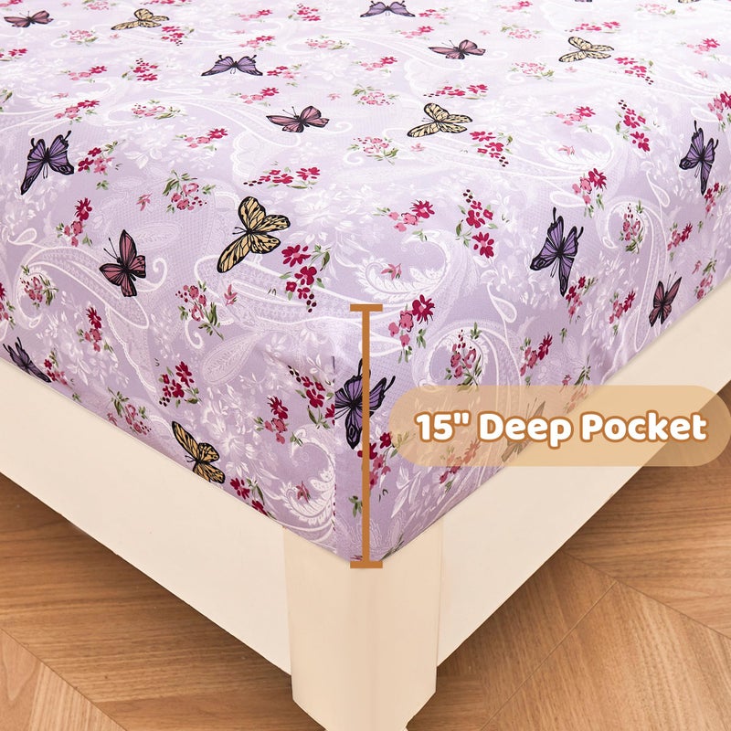 Softan Floral Twin Size Sheet Set, Purple Paisley Flower Printed Sheets for Kids Girls, Brushed Microfiber Fitted Sheet with 15" Deep Pocket & Non-Slip Straps, Butterfly Patterned Sheets - Image 3
