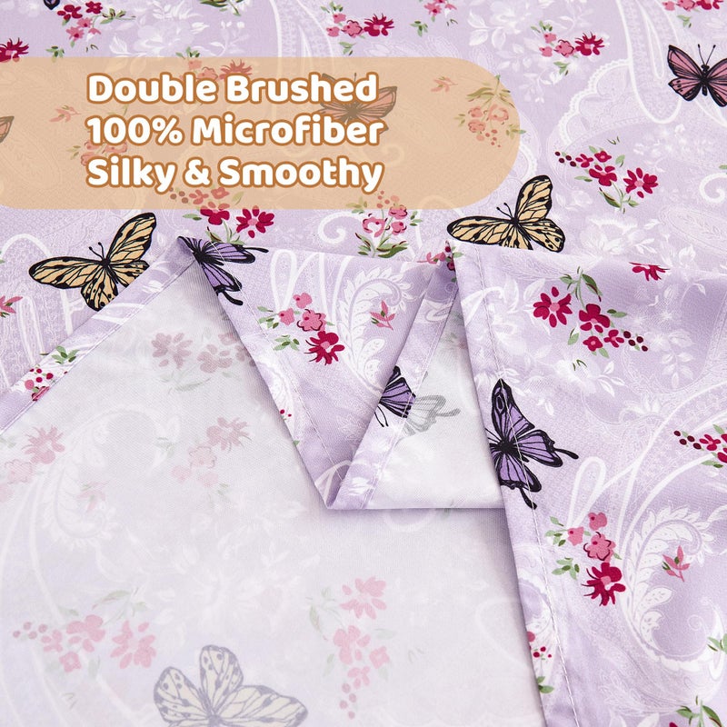 Softan Floral Twin Size Sheet Set, Purple Paisley Flower Printed Sheets for Kids Girls, Brushed Microfiber Fitted Sheet with 15" Deep Pocket & Non-Slip Straps, Butterfly Patterned Sheets - Image 4
