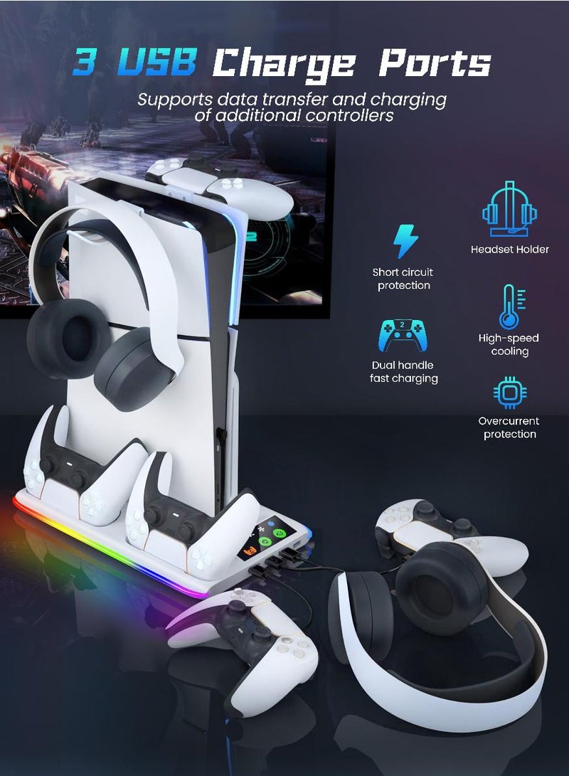 phomemo PS5 Stand and Cooling Station with Dual Controller Charging Station, Including Controller Charger, Cooling Fan, RGB LED and USB Hub (Fit for PS5/PS5 slim/PS5 Pro Version) White  - Image 4