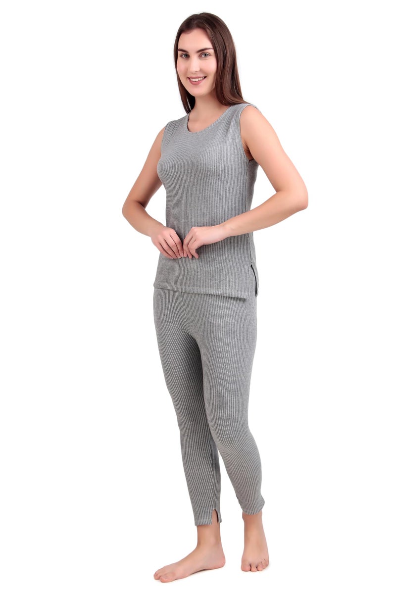 HAP Women's Quilted Thermal Set : Sleeveless Top + Trouser (Light Grey) - Image 2