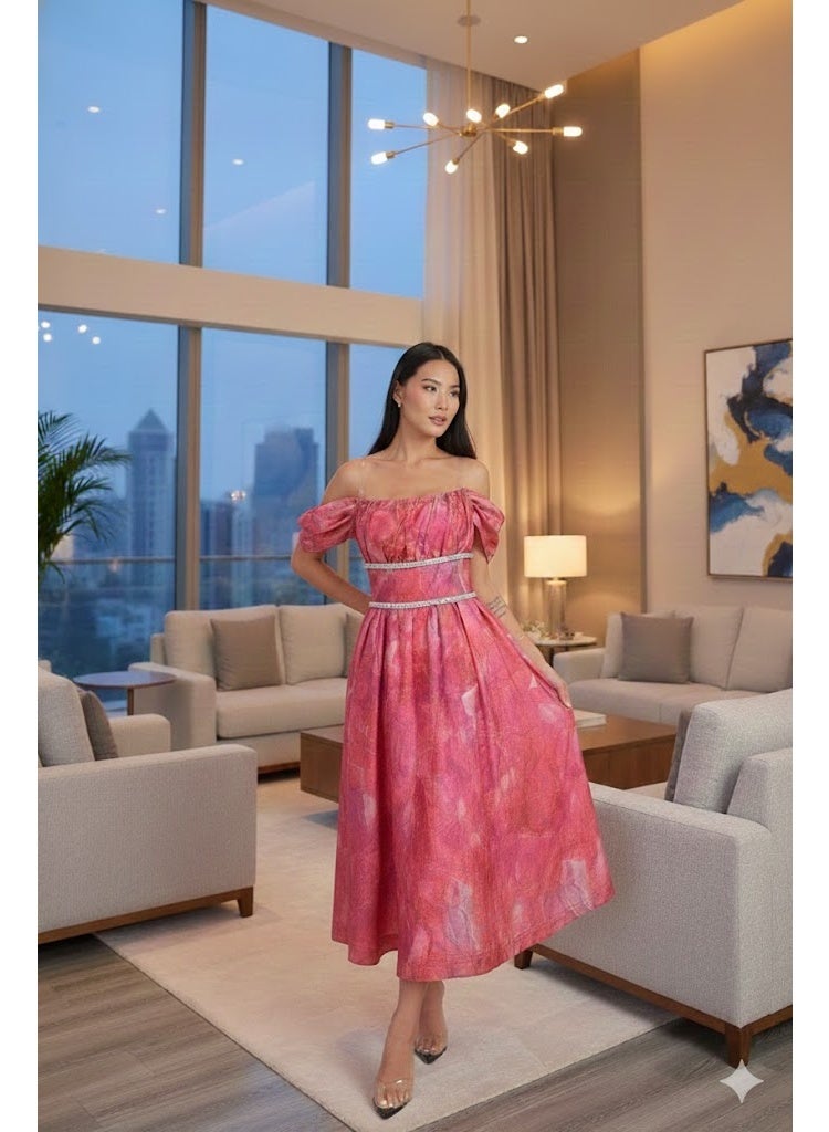FULL JOY Pink Off-Shoulder Printed Evening Dress with Flared Midi Design,Fashion Dress - Image 1