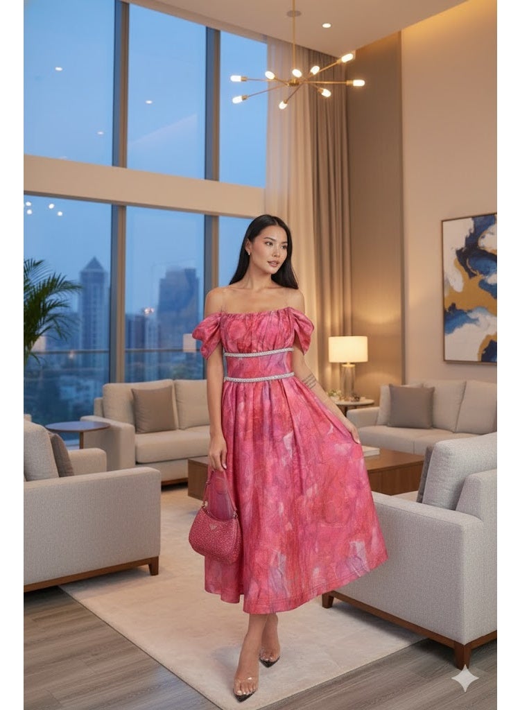 FULL JOY Pink Off-Shoulder Printed Evening Dress with Flared Midi Design,Fashion Dress - Image 2