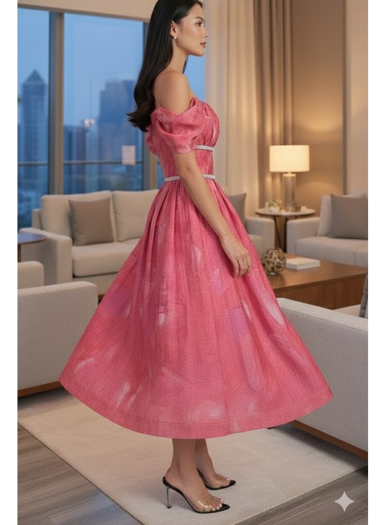 FULL JOY Pink Off-Shoulder Printed Evening Dress with Flared Midi Design,Fashion Dress - Image 3
