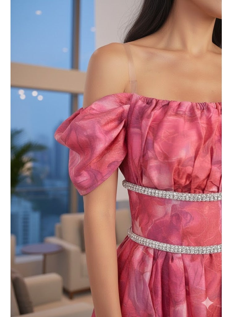 FULL JOY Pink Off-Shoulder Printed Evening Dress with Flared Midi Design,Fashion Dress - Image 5