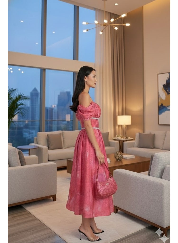 FULL JOY Pink Off-Shoulder Printed Evening Dress with Flared Midi Design,Fashion Dress - Image 4