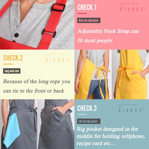 BIGHAS Adjustable Bib Apron with Pocket Extra Long Ties for Women Men, 18 Colors, Chef, Kitchen, Home, Restaurant, Cafe, Cooking, Baking (Blue) - Image 4