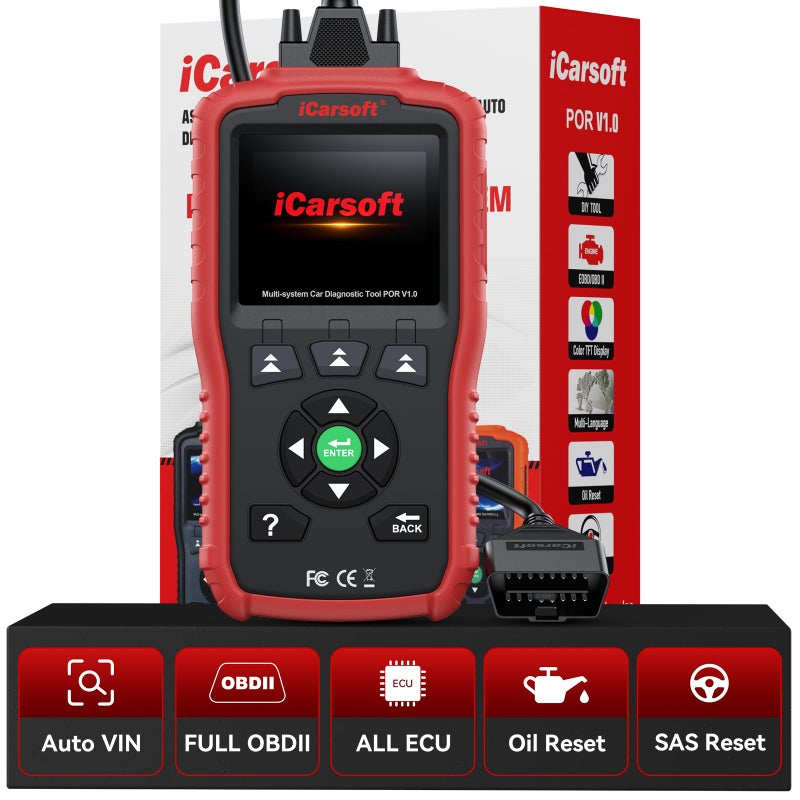 ماسح iCarsoft OBD2 POR V10 لسيارات بورش كايين ماكان 911 أداة تشخيص جميع الأنظمة إعادة تعيين زيت SAS اختبار البطارية 10 أوضاع OBD2 EOBD قراءة رموز السيارة DTC بيانات حية إطار تجميد